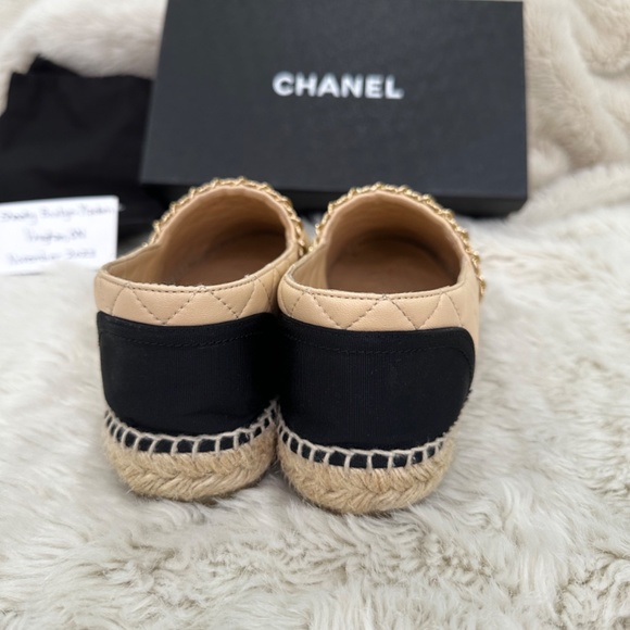 Chanel Beige & Black Chain Quilted Leather Espadrilles - Picture 4 of 14